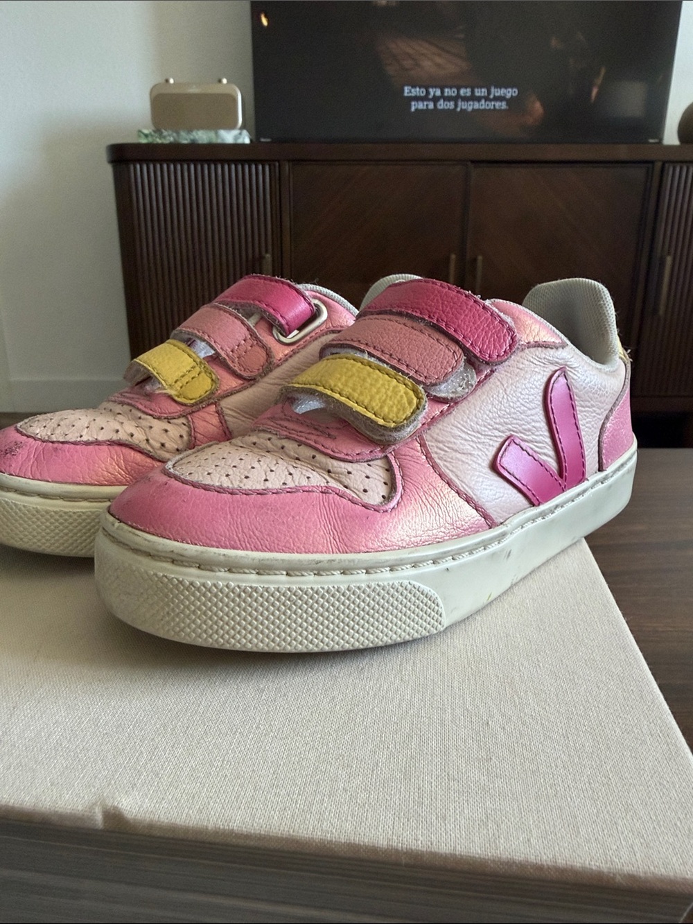 Veja Kids Pink Leather Sneakers with Yellow Strap Accents